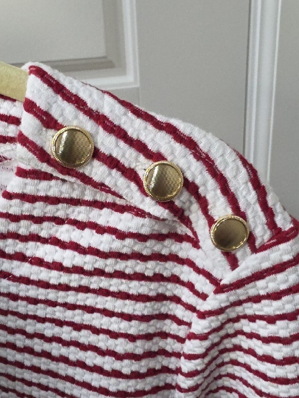 Ann Taylor White & Red Striped Crewneck Sweater with Gold Buttons - Medium - Picture 5 of 8